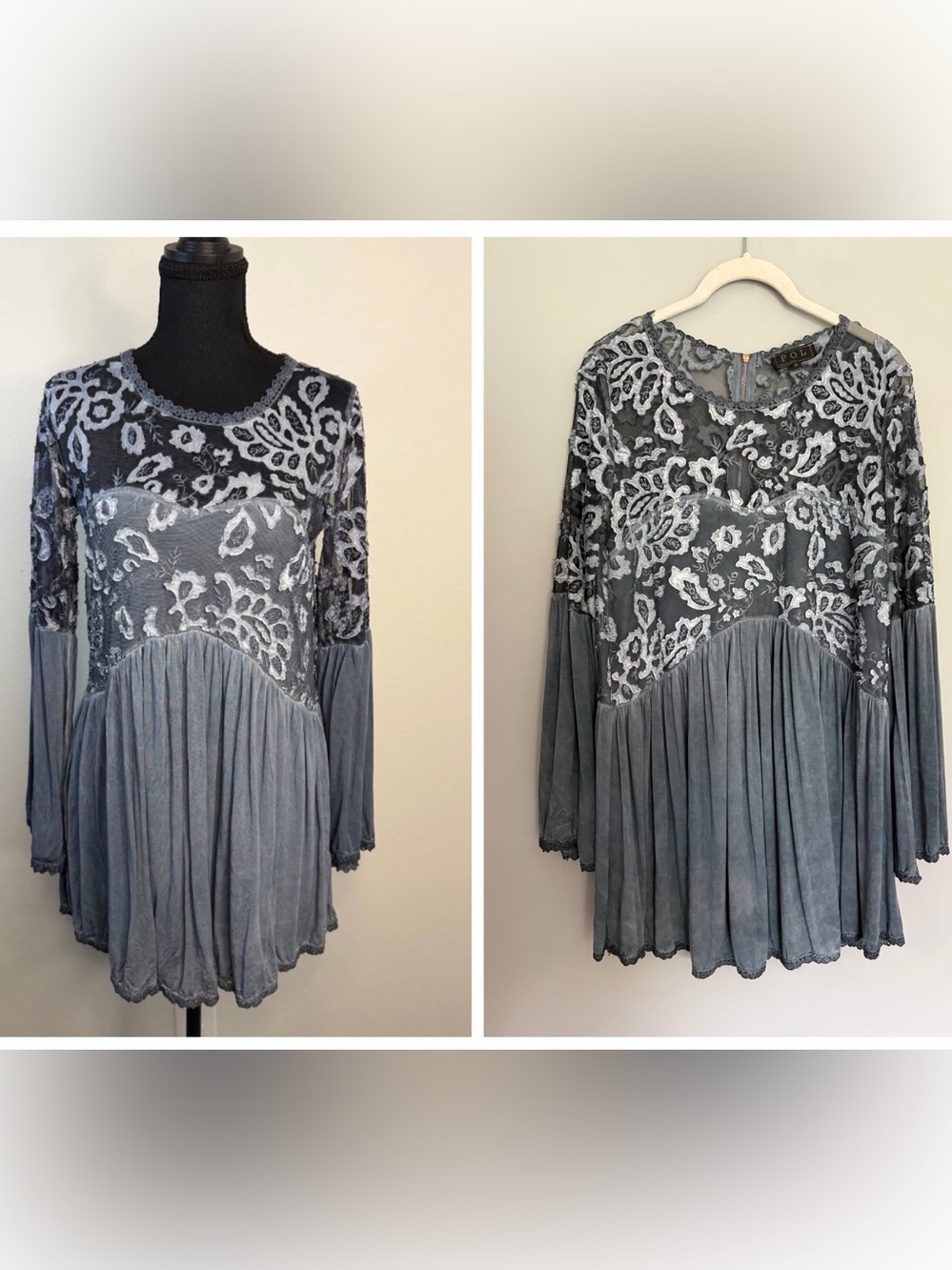 POL Babydoll Tunic Top Size M Blue Gray Boho Bell Sleeve Sheer Lace Romantic